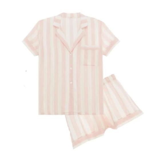 NEW EBERJEY umbrella stripe woven shorty pajamas set in pink/ivory - Picture 3 of 3